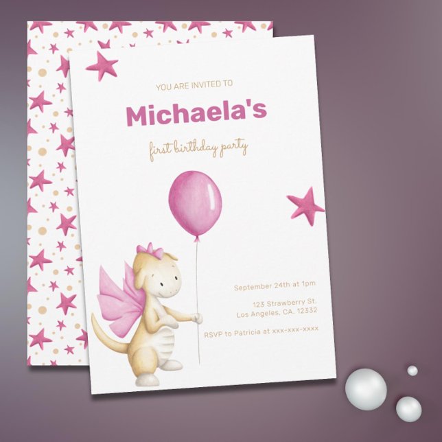 Cute Dragon Pink Girl First Birthday Invitation (Cute dragon first birthday invitation for baby girl.)