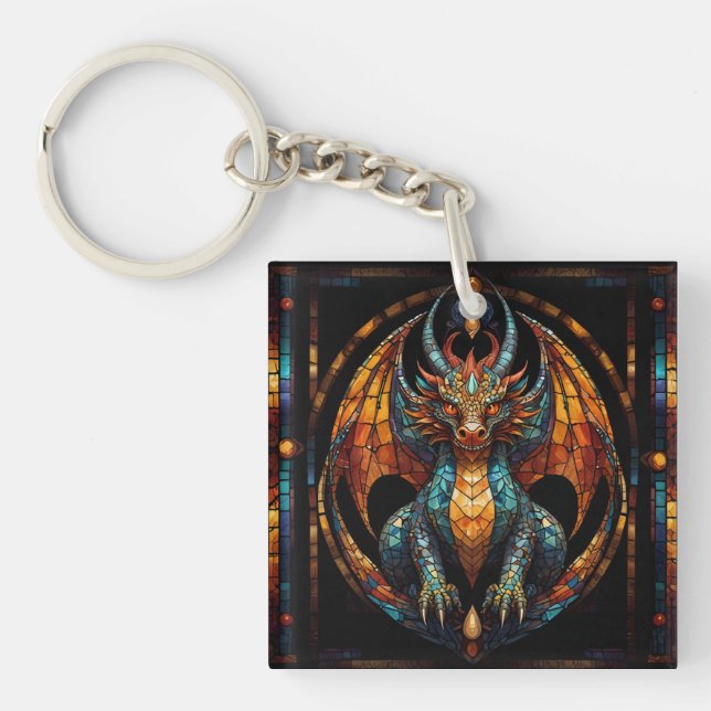 Cute Dragon Stained Glass Mosaic Design Keychain (Front)
