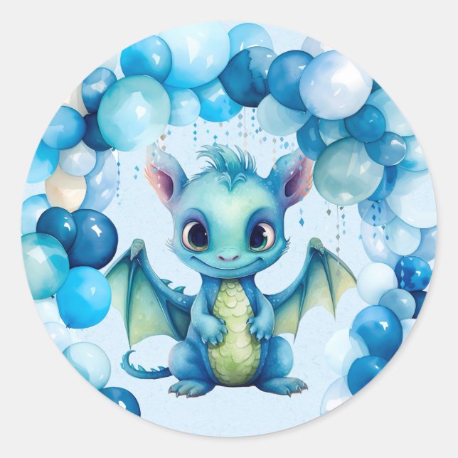 Cute Dragon with Blue Balloons Boy Baby Shower Classic Round Sticker (Front)