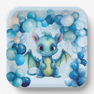 Cute Dragon with Blue Balloons Boy Baby Shower Paper Plate