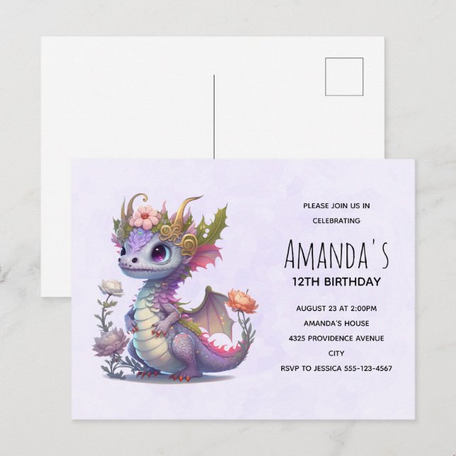 Cute Dragon with Elegant Crown Birthday Invitation Postcard (Front/Back)