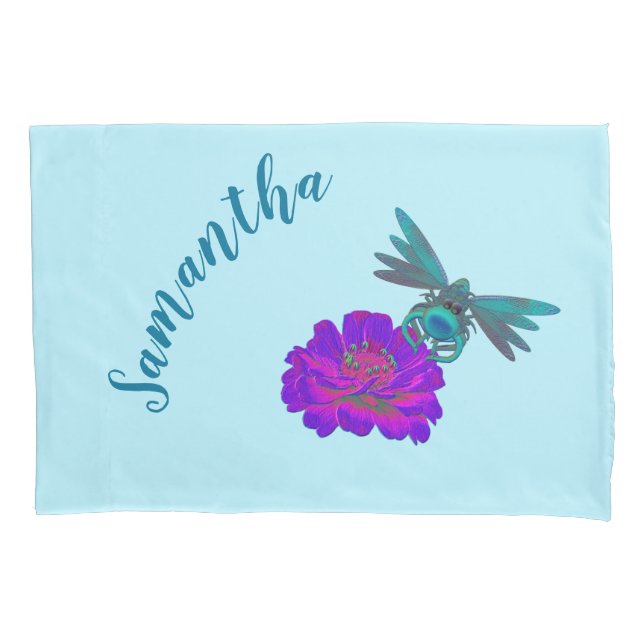 Cute Dragonfly And Bright Pink Flower Personalized Pillowcase (Front)