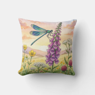 Cute Dragonfly and Flowers Tiny Insects Throw Pillow