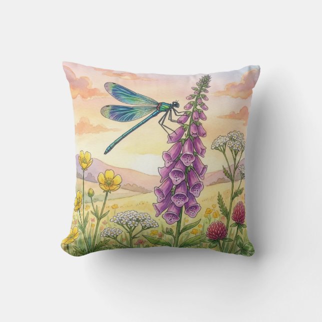 Cute Dragonfly and Flowers Tiny Insects  Throw Pillow (Front)
