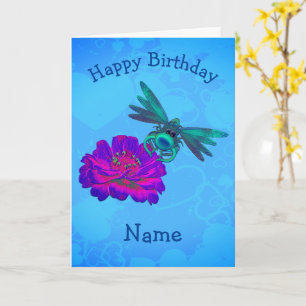 Cute Dragonfly Flower Personalized Birthday Card