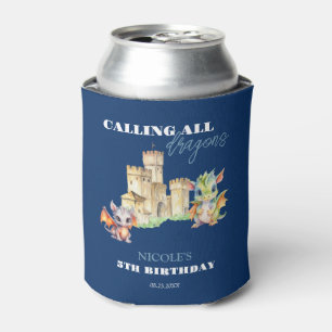 Cute Dragons Castle Fairytale Navy Kids Birthday Can Cooler