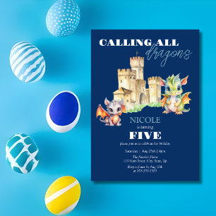 Cute Dragons Castle Fairytale Navy Kids Birthday Invitation