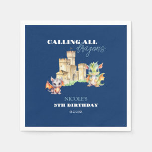 Cute Dragons Castle Fairytale Navy Kids Birthday Napkin