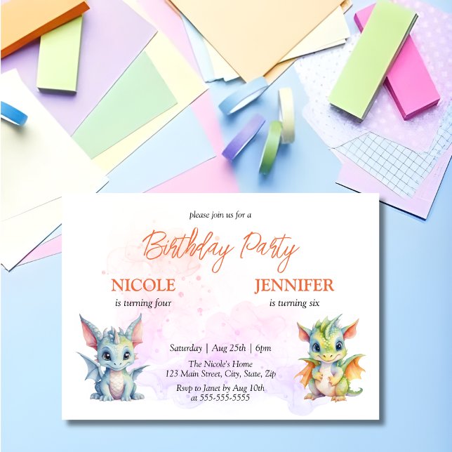 Cute Dragons Fairytale Kids Joint Birthday Invitation (Creator Uploaded)