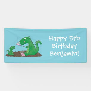 Cute dragons roasting marshmallows cartoon banner