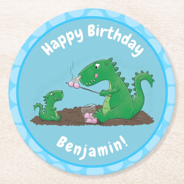 Cute dragons roasting marshmallows cartoon round paper coaster (Front)