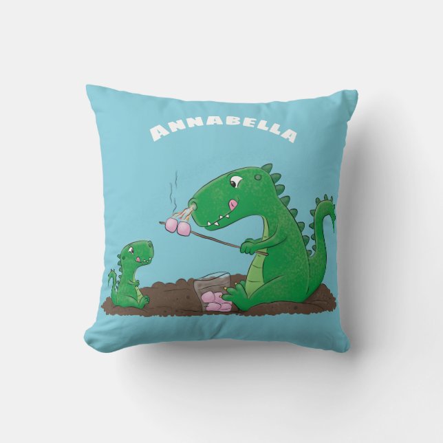 Cute dragons roasting marshmallows cartoon throw pillow (Front)