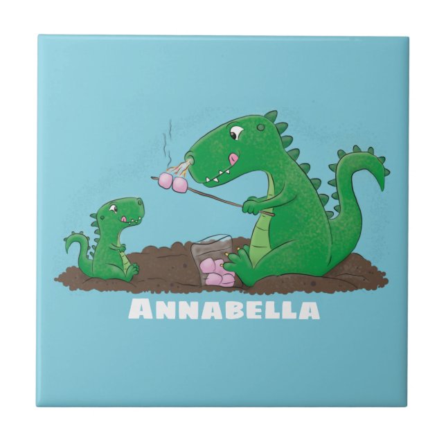 Cute dragons roasting marshmallows cartoon tile (Front)