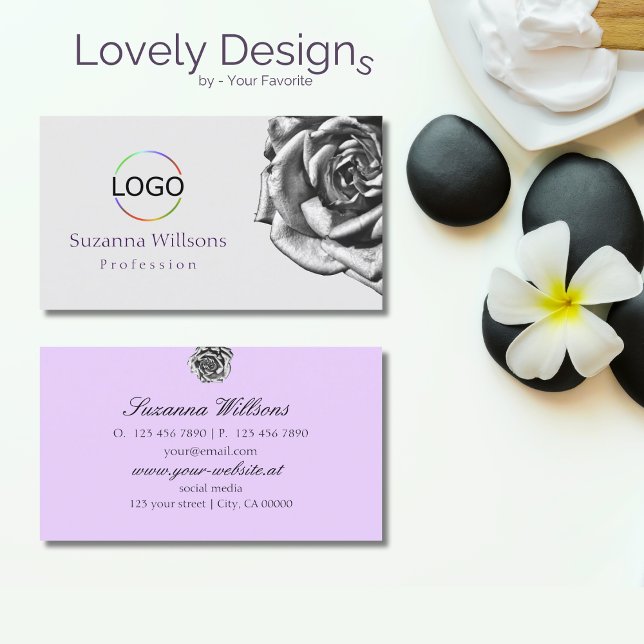 Cute Drawn Rose Plain Grey Lilac with Logo Simple Business Card (Creator Uploaded)