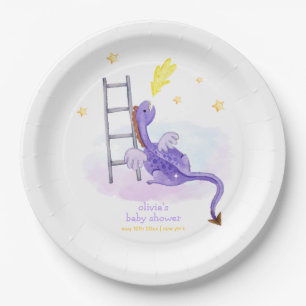 Cute Dreamy Fairytale Dragon Stars Baby Shower Paper Plate