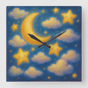 Cute Dreamy Night Sky - Pastel Painting Style Square Wall Clock