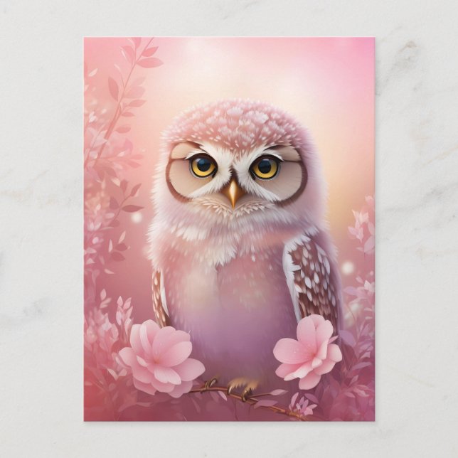 Cute Dreamy Pink Burrowing Owl  Postcard (Front)