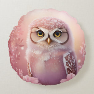 Cute Dreamy Pink Burrowing Owl Round Pillow