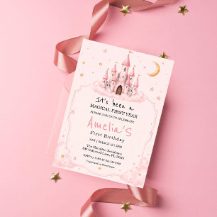 Cute Dreamy Pink Castle First Birthday Invitation