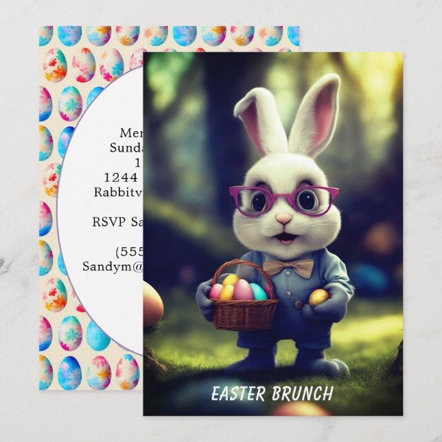 Cute Dressed Bunny & Basket Brunch Invitation (Front/Back)