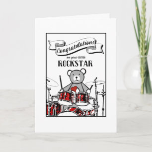 Cute Drummer Teddy Rockstar Rock Roll Baby Shower Card