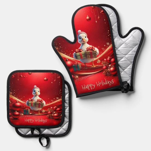 Cute Duck Christmas Holiday Oven Mitt & Pot Holder Set (Front/Back)