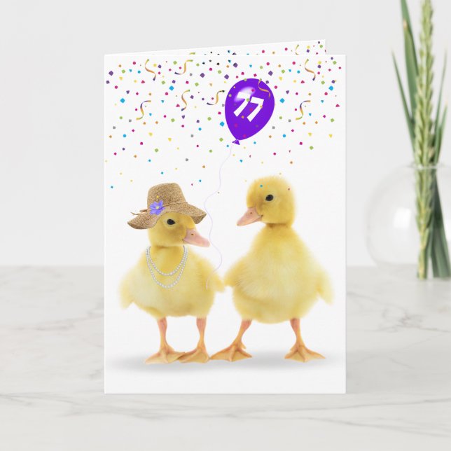 Cute Duck Couple With 77th Birthday Balloon Card (Front)