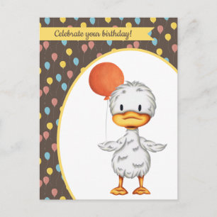 Cute Duck drawing with Orange Balloon Birthday Postcard