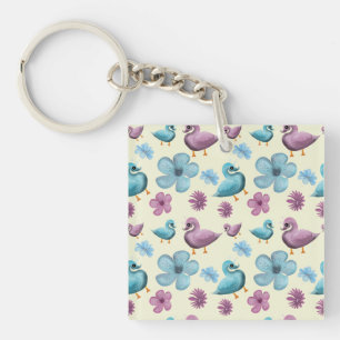 Cute Duck Floral Pattern Aesthetic Pastel Kawaii B Keychain