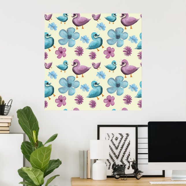 Cute Duck Floral Pattern Aesthetic Pastel Kawaii B Poster (Home Office)