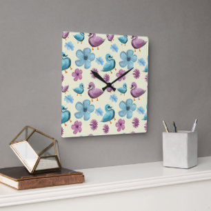 Cute Duck Floral Pattern Aesthetic Pastel Kawaii B Square Wall Clock