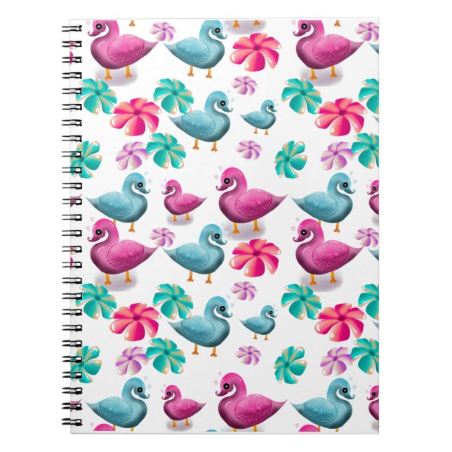 Cute Duck Floral Pattern Kawaii Pink Blue Ducks  Notebook (Front)