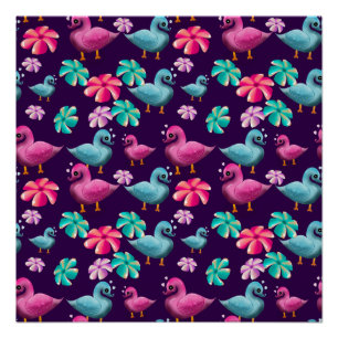 Cute Duck Floral Pattern Kawaii Pink Blue Ducks  Poster