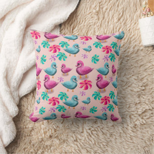 Cute Duck Floral Pattern Kawaii Pink Blue Ducks Throw Pillow