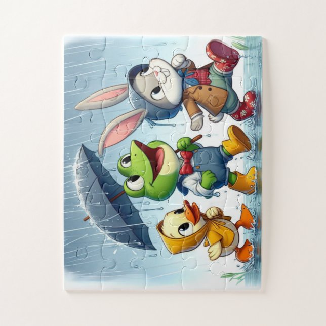 Cute duck, frog, bunny in the rain jigsaw puzzle (Vertical)