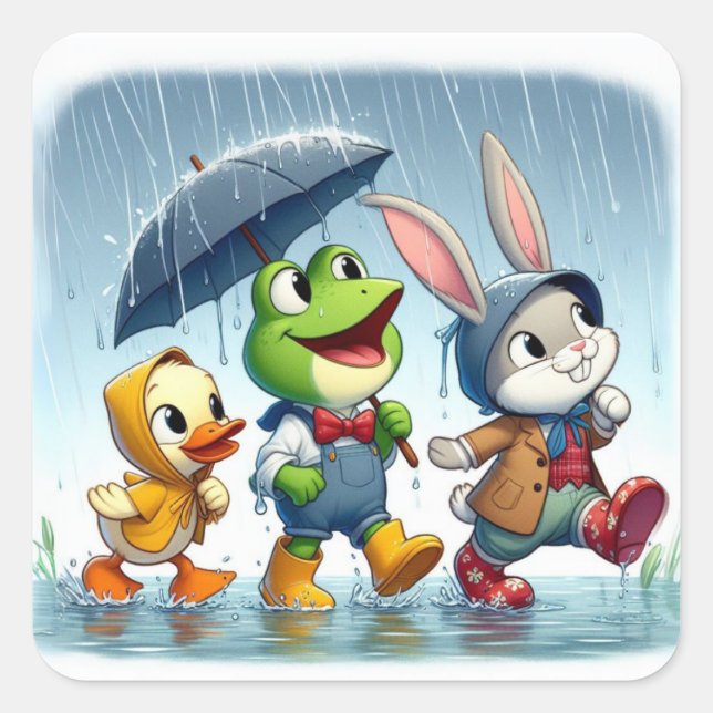Cute duck, frog, bunny in the rain square sticker (Front)