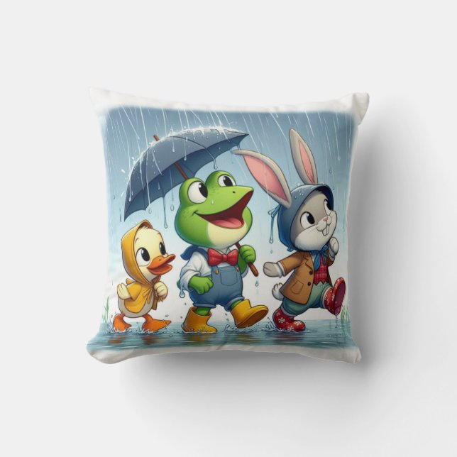 Cute duck, frog, bunny in the rain throw pillow (Front)