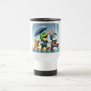 Cute duck, frog, bunny in the rain travel mug