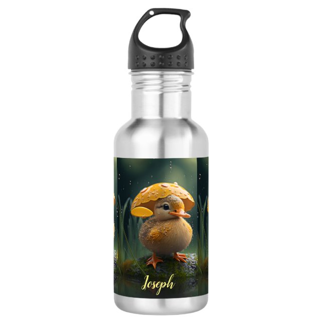 Cute Duck under Yellow Umbrella Personalized Name 532 Ml Water Bottle (Front)