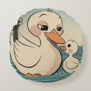 Cute Duck with Flowers and Duckling Quirky design Round Pillow