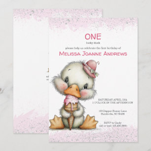 Cute Duck with Pink Ice Cream First Birthday Invitation