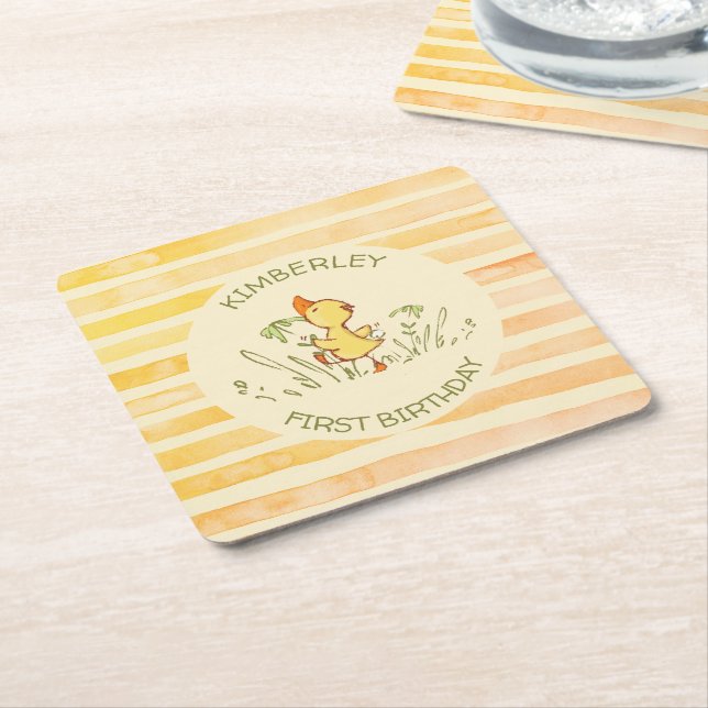 Cute Duckling First Birthday Party Square Paper Coaster (Angled)