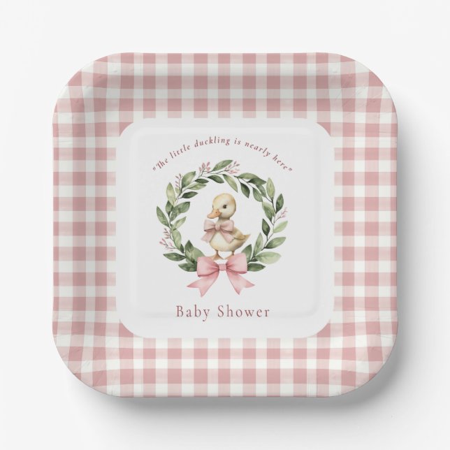 Cute Duckling Pink Gingham Baby Shower Plates (Front)