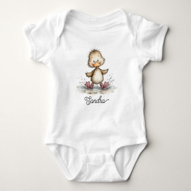 Cute Duckling Splashing in Puddle Baby Bodysuit (Front)