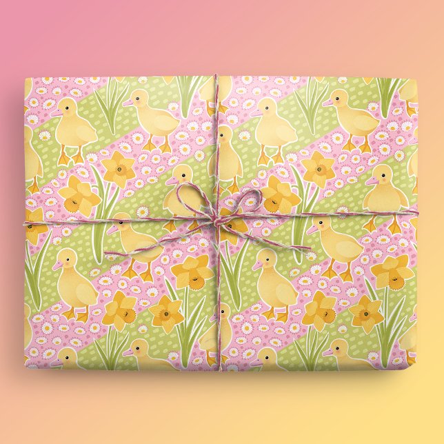 Cute Ducklings and Daffodils Easter Wrapping Paper (Cute Ducklings and Daffodils Gift Mockup)