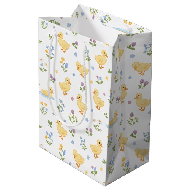 Cute Ducklings and Wildflowers Pattern Medium Gift Bag (Back Angled)