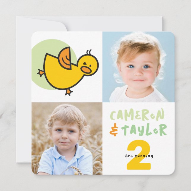 Cute Ducks Boy Girl Twins Joint Birthday Invite (Front)