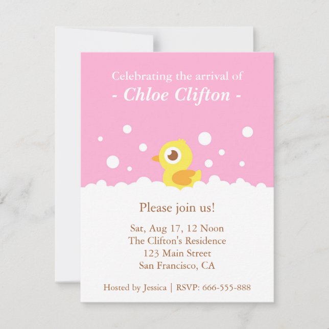 Cute Ducky with Bubbles Pink Baby Shower Party Invitation (Front)