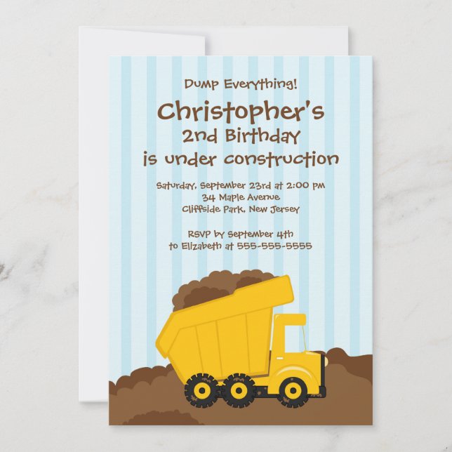 Cute Dump Trucks Boys Birthday Party Invitations (Front)