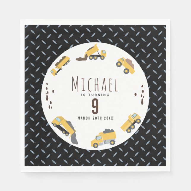 Cute Dump Trucks Construction Trucks Birthday Napkin (Front)